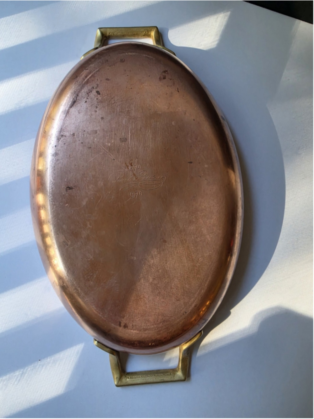 Vtg Paul Revere 1776-1976 Bicentennial Copper Oval Au Gratin Pan Brass Handles